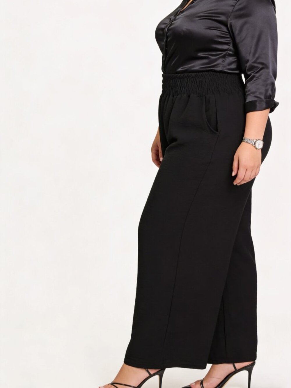 Italian Smocked Wide-Leg Palazzo Pants in Black Plus Size